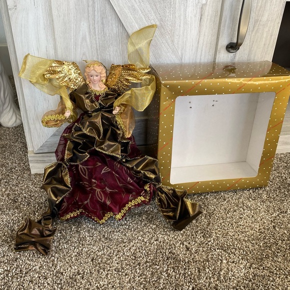 Vintage Dillards Porcelain Flying Angel Christmas Ornament 10” Maroon Gold - Picture 6 of 8